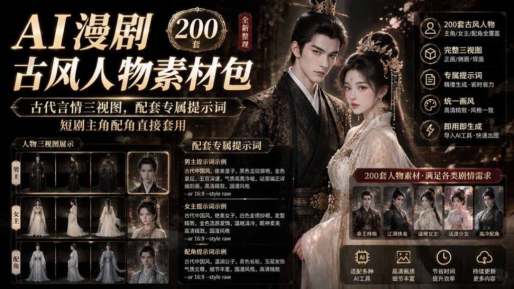 AI漫剧古风人物素材包+提示词｜200 套古代言情三视图，配套专属提示词短剧主角配角直接套用-优创圈
