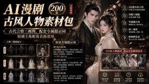 AI漫剧古风人物素材包+提示词|200 套古代言情三视图,配套专属提示词短剧主角配角直接套用-优创圈