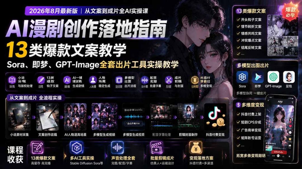 AI漫剧创作落地指南|13类爆款文案教学,Sora、即梦、GPT-Image全套出片工具实操教学-优创圈