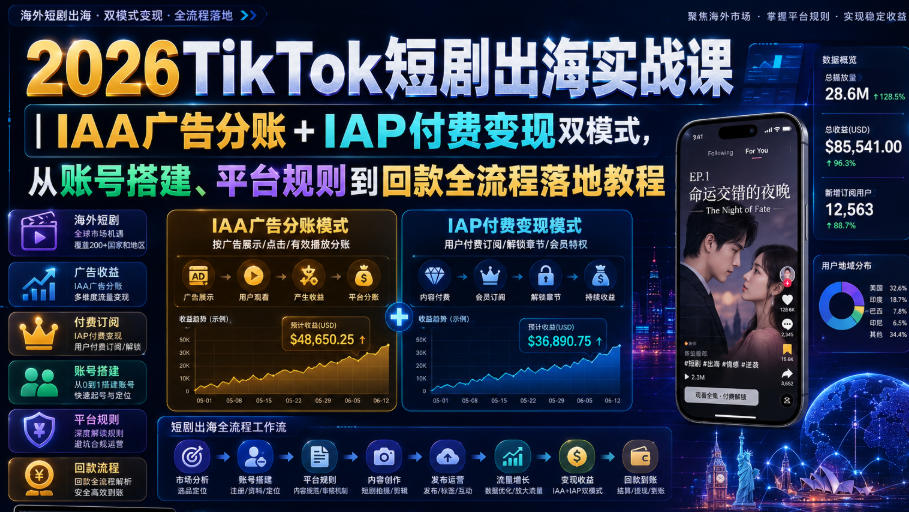 2026TikTok短剧出海实战课|IAA广告分账+IAP付费变现双模式,从账号搭建、平台规则到回款全流程落地教程-优创圈