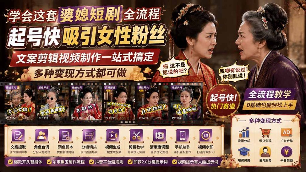 学会这套婆媳短剧全流程:起号快吸引女性粉丝,文案剪辑视频制作一站式搞定,多种变现方式都可做-优创圈