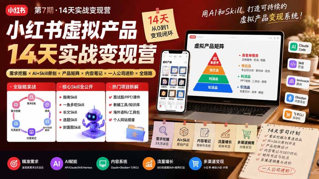 小红书虚拟产品14天实战变现营-第7期:需求挖掘×AI+Skill原创×产品矩阵×内容笔记×一人公司进阶×全链路-优创圈
