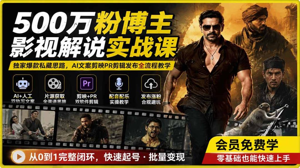 500万粉博主影视解说实战课|独家爆款私藏思路,AI文案剪映PR剪辑发布全流程教学-优创圈