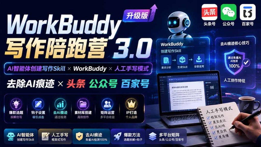 WorkBuddy写作陪跑营3.0-更新:Ai智能体创建写作Skill×WorkBuddy×人工手写模式×去除AI痕迹×头条公众号百家号-优创圈