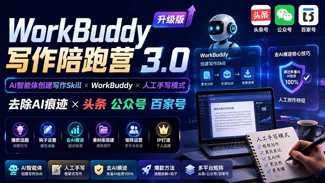 WorkBuddy写作陪跑营3.0-更新:Ai智能体创建写作Skill×WorkBuddy×人工手写模式×去除AI痕迹×头条公众号百家号