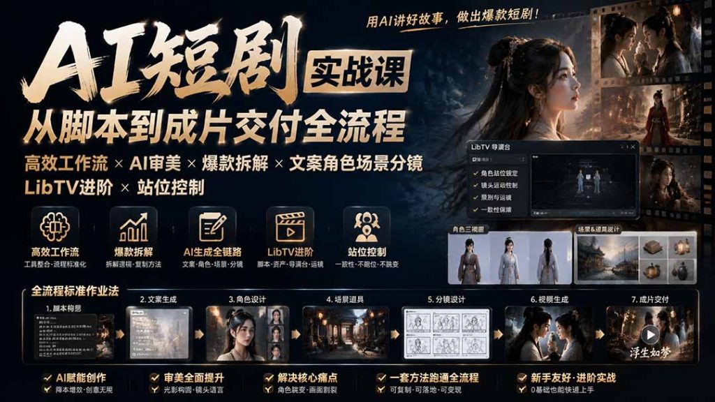 AI短剧实战课:高效工作流×AI审美×爆款拆解×文案角色场景分镜×LibTV进阶×站位控制×从脚本到成片交付全流程-优创圈