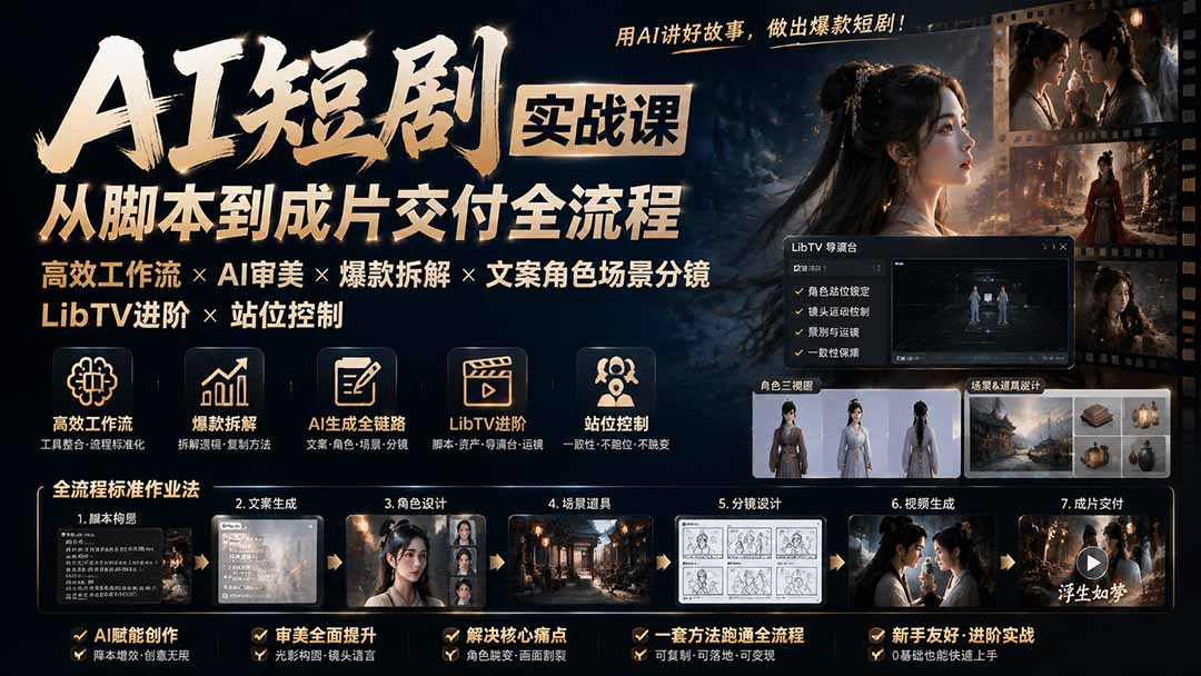 AI短剧实战课:高效工作流×AI审美×爆款拆解×文案角色场景分镜×LibTV进阶×站位控制×从脚本到成片交付全流程