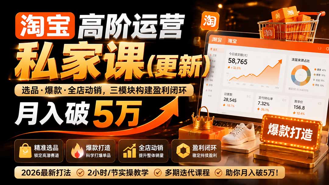 淘宝高阶运营私家课(更新26年4月18):选品、爆款、全店动销,三模块构建盈利闭环,月入破5万