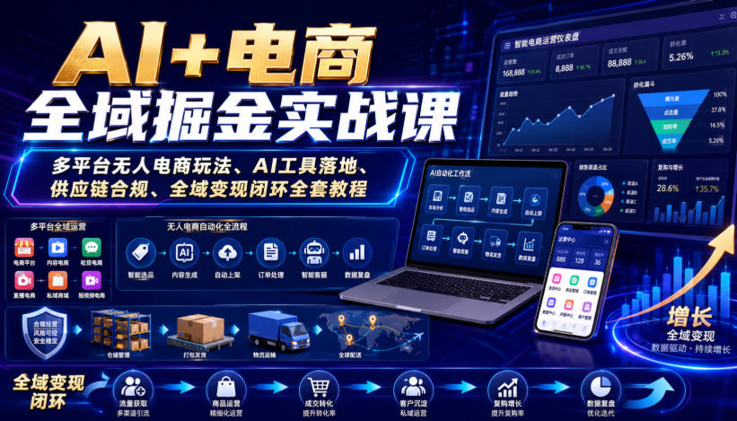 AI+电商全域掘金实战课|多平台无人电商玩法、AI工具落地、供应链合规、全域变现闭环全套教程-优创圈