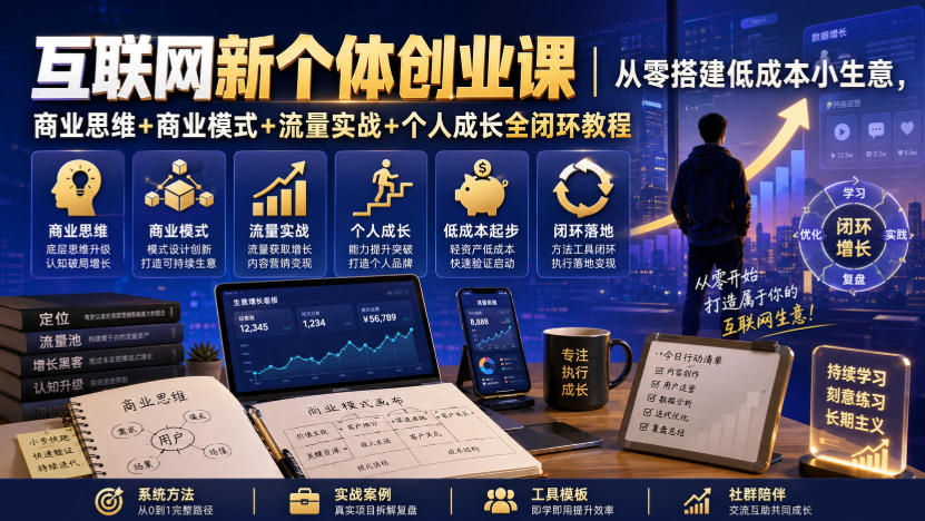 互联网新个体创业课|从零搭建低成本小生意,商业思维+商业模式+流量实战+个人成长全闭环教程-优创圈