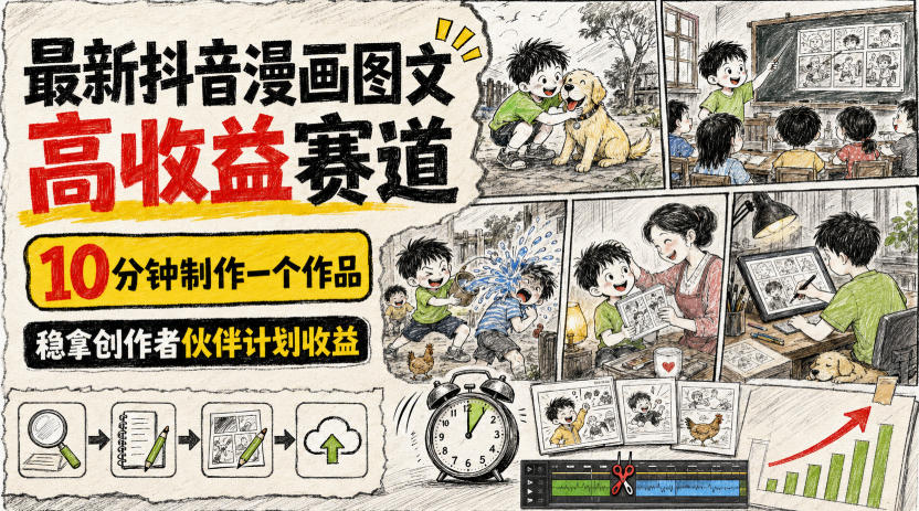 最新抖音漫画图文高收益赛道,10分钟制作一个作品,稳拿创作者伙伴计划收益-优创圈