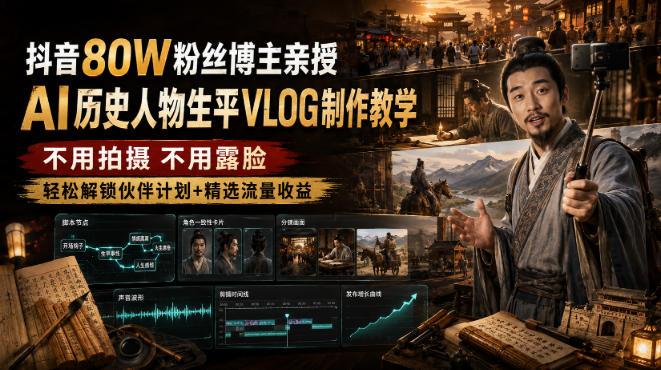 抖音80W粉丝博主的AI历史人物生平VLOG教学,不用拍摄不用露脸,AI帮你搞定,轻松解锁伙伴计划+精选收益-优创圈
