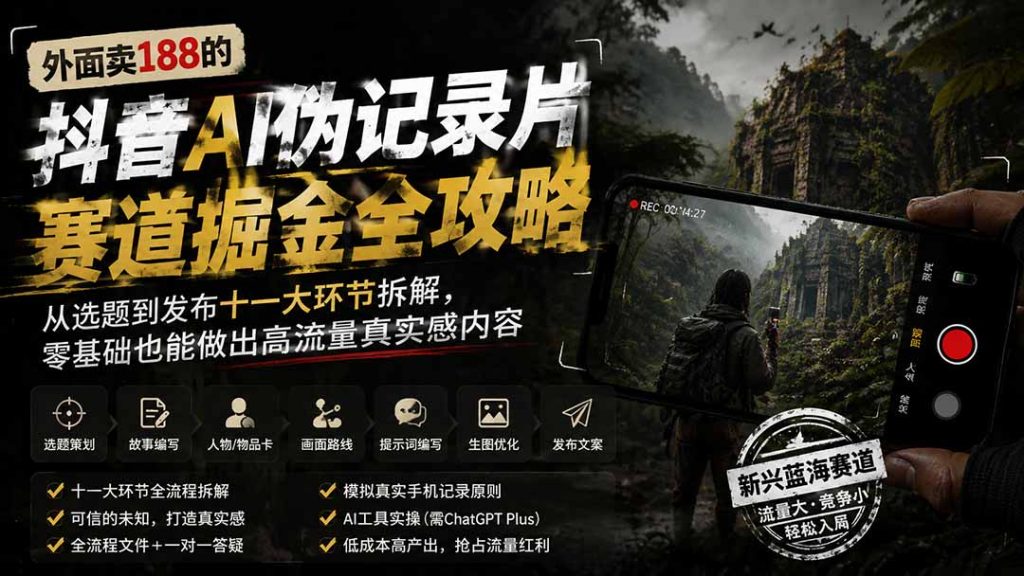外面卖188的抖音AI伪记录片赛道掘金全攻略;从选题到发布十一大环节拆解,零基础也能做出高流量真实感内容-优创圈