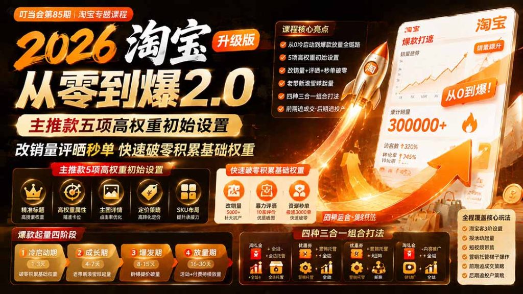 2026淘宝从零到爆2.0第85期;主推款五项高权重初始设置,改销量评晒秒单快速破零积累基础权重-优创圈