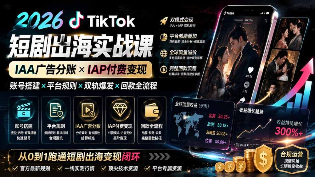 2026TikTok短剧出海实战课:IAA广告分账×IAP付费变现×账号搭建×平台规则×双轨爆发×回款全流程-优创圈