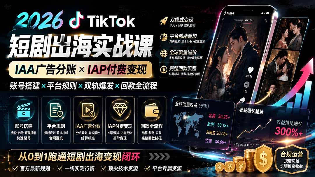 2026TikTok短剧出海实战课:IAA广告分账×IAP付费变现×账号搭建×平台规则×双轨爆发×回款全流程