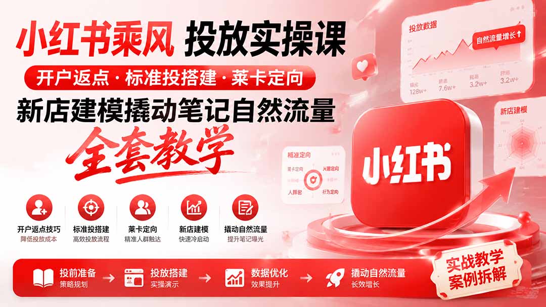 小红书乘风投放-100分钟实操课|开户返点·标准投搭建·莱卡定向,新店建模撬动笔记自然流量全套教学