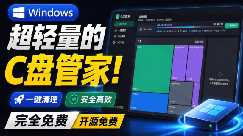 Windows超轻量的C盘管家!超级有特点,支持磁盘分析及清理提醒,2M大小体积,完全免费C盘管家-优创圈