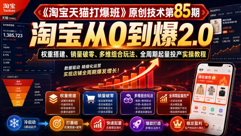 《淘宝天猫打爆班》原创技术第85期,淘宝从0到爆2.0,权重搭建、销量破零、多维组合玩法、全周期起量投产实操教程-优创圈