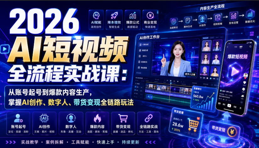 2026 AI短视频全流程实战课:从账号起号到爆款内容生产,掌握AI创作、数字人、带货变现全链路玩法-优创圈