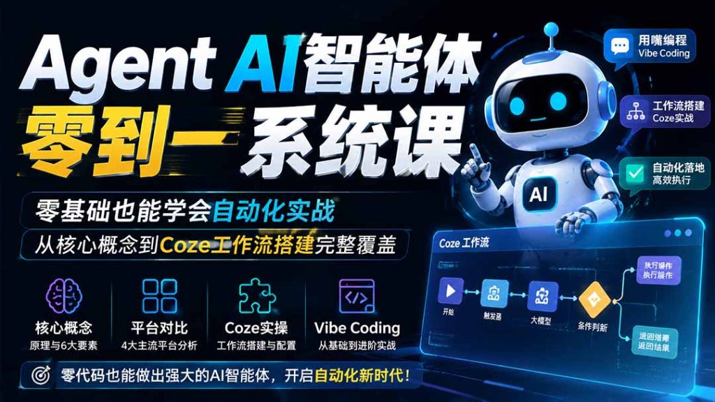 Agent AI智能体零到一系统课;零基础也能学会自动化实战,从核心概念到Coze工作流搭建完整覆盖-优创圈
