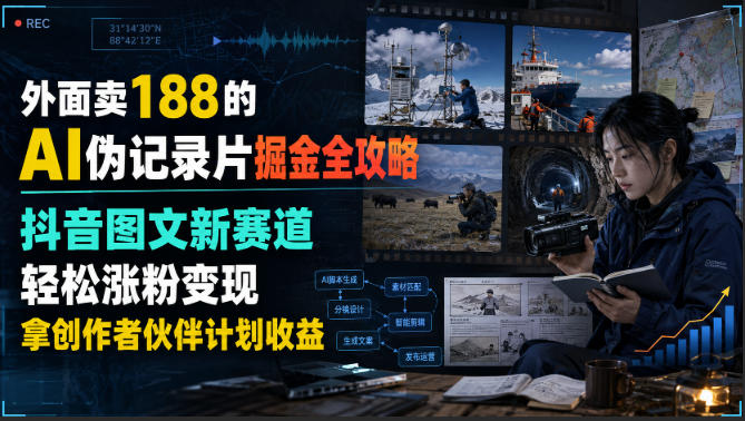 外面卖188的AI伪记录片掘金全攻略,抖音图文新赛道,轻松涨粉变现,拿创作者伙伴计划收益【文档】-优创圈