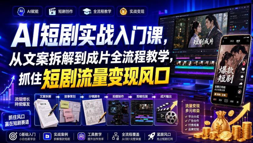 AI短剧实战入门课,从文案拆解到成片全流程教学,抓住短剧流量变现风口-优创圈
