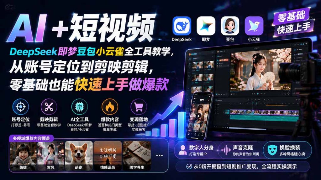 AI+短视频|DeepSeek即梦豆包小云雀全工具教学,从账号定位到剪映剪辑,零基础也能快速上手做爆款-优创圈