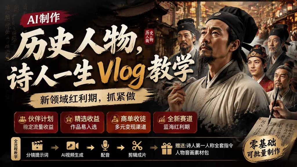 历史人物，诗人一生Vlog教学， AI制作丨伙伴计划丨精选收益丨商单收徒 ，新领域红利期，抓紧做-优创圈