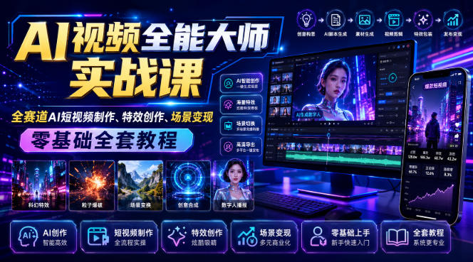 AI视频全能大师实战课|全赛道AI短视频制作、特效创作、场景变现零基础全套教程-优创圈