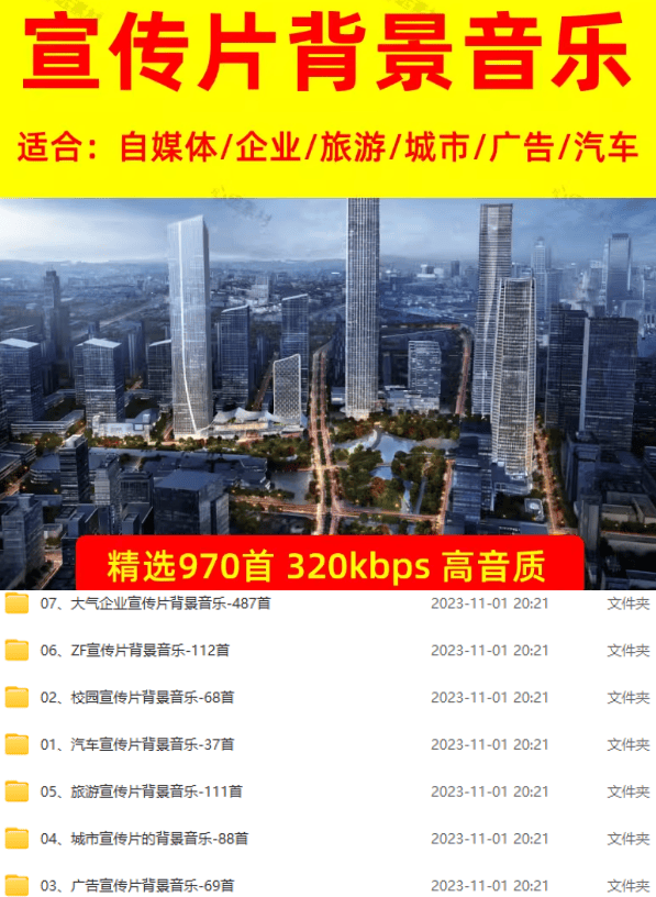 某宝付费购买,常用6G音效合集!970+首宣传片背景音乐,无版权可商用大气素材,分类清晰,高质量内容