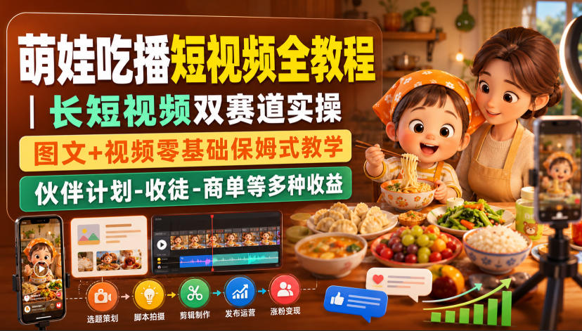 萌娃吃播短视频全教程|长短视频双赛道实操,图文+视频零基础保姆式教学,伙伴计划-收徒-商单等多种变现方式-优创圈