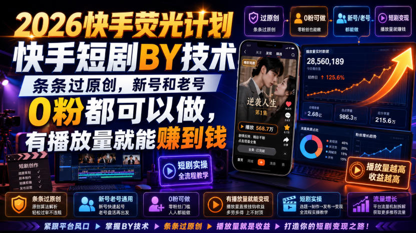 2026快手荧光计划,快手短剧搬运技术,条条过原创,新号和老号0粉都可以做,有播放量就能賺到钱-优创圈
