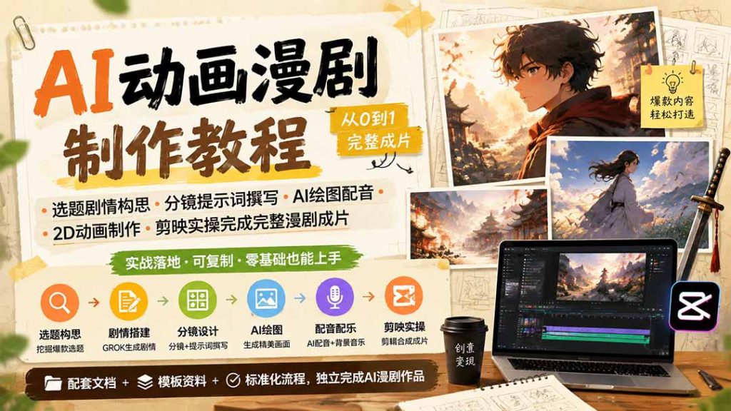 AI动画漫剧制作教程|选题剧情构思·分镜提示词撰写·AI绘图配音·2D动画制作·剪映实操完成完整漫剧成片-优创圈