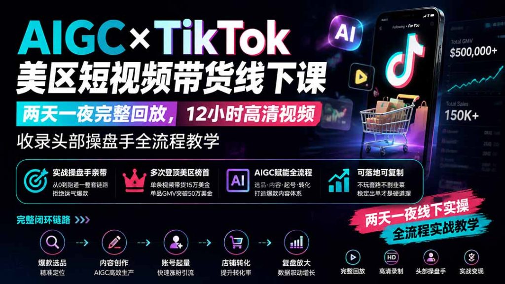 AIGC×TikTok美区短视频带货线下课;两天一夜完整回放,12小时高清视频收录头部操盘手全流程教学-优创圈