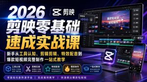 2026剪映零基础速成实战课｜新手从工具认知、剪辑剪辑、特效配音到爆款短视频完整制作一站式教学-优创圈