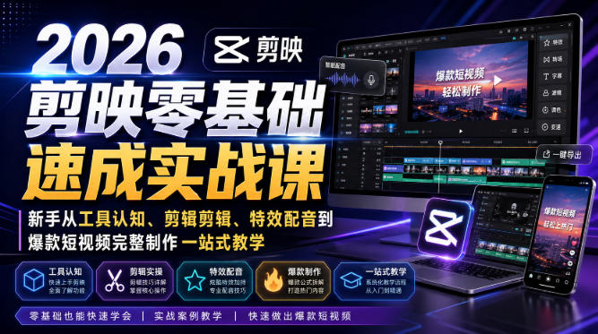 2026剪映零基础速成实战课|新手从工具认知、剪辑剪辑、特效配音到爆款短视频完整制作一站式教学-优创圈