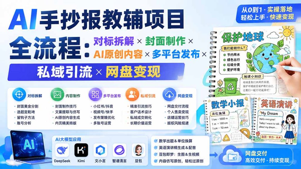 AI手抄报教辅项目全流程:对标拆解×封面制作×AI原创内容×多平台发布×私域引流×网盘变现-优创圈