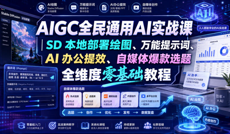 AIGC全民通用AI实战课｜SD本地部署绘图、万能提示词、AI办公提效、自媒体爆款选题全维度零基础教程-优创圈