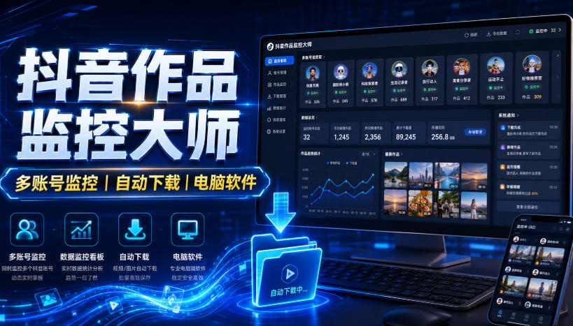 抖音作品监控大师，多账号监控丨自动下载丨电脑软件-优创圈