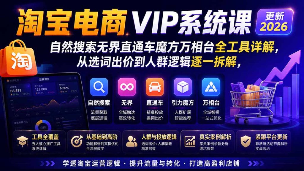 淘宝电商VIP系统课-更新8月；自然搜索无界直通车魔方万相台全工具详解，从选词出价到人群逻辑逐一拆解-优创圈
