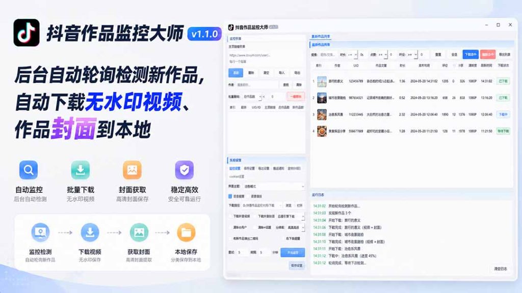 抖音作品监控大师v1.1.0:后台自动轮询检测新作品,自动下载无水印视频、作品封面到本地-优创圈