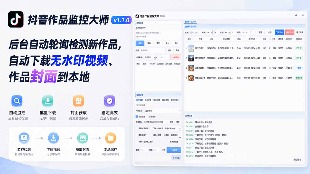 抖音作品监控大师v1.1.0:后台自动轮询检测新作品,自动下载无水印视频、作品封面到本地