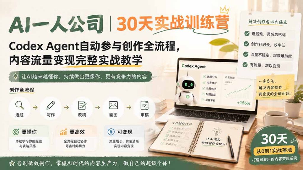 AI一人公司|30天实战训练营;Codex Agent自动参与创作全流程,内容流量变现完整实战教学-优创圈