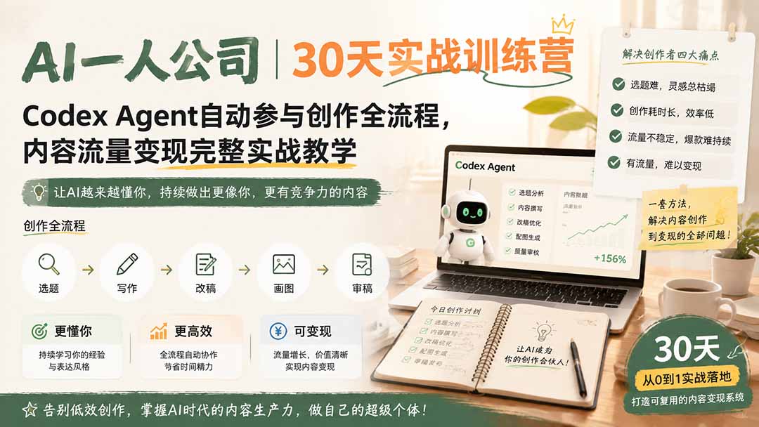 AI一人公司|30天实战训练营;Codex Agent自动参与创作全流程,内容流量变现完整实战教学