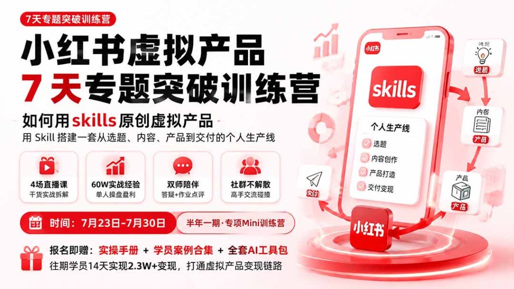 小红书虚拟产品7天专题突破训练营,如何用skills原创虚拟产品,用Skil搭建一套从选题、内容、产品到交付的个人生产线-优创圈