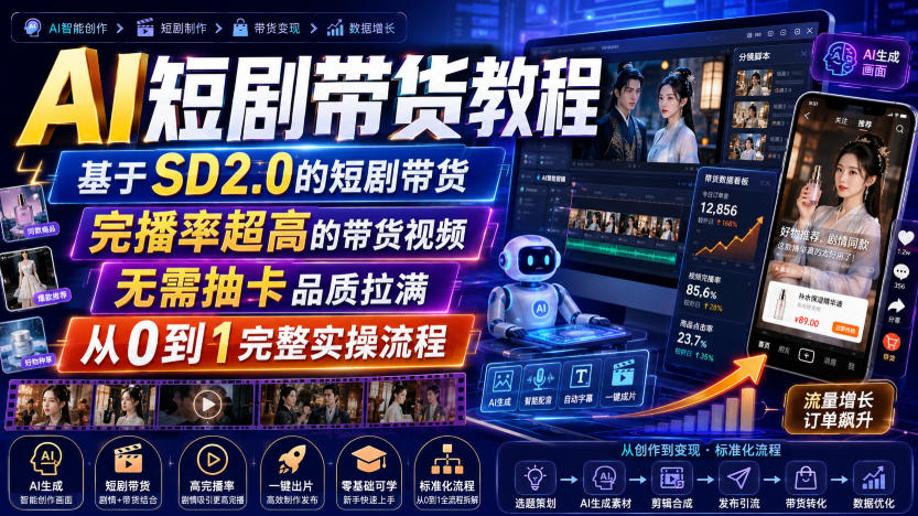 AI短剧带货教程,基于SD2.0的短剧带货,完播率超高的带货视频,无需抽卡品质拉满,从0到1完整实操流程-优创圈