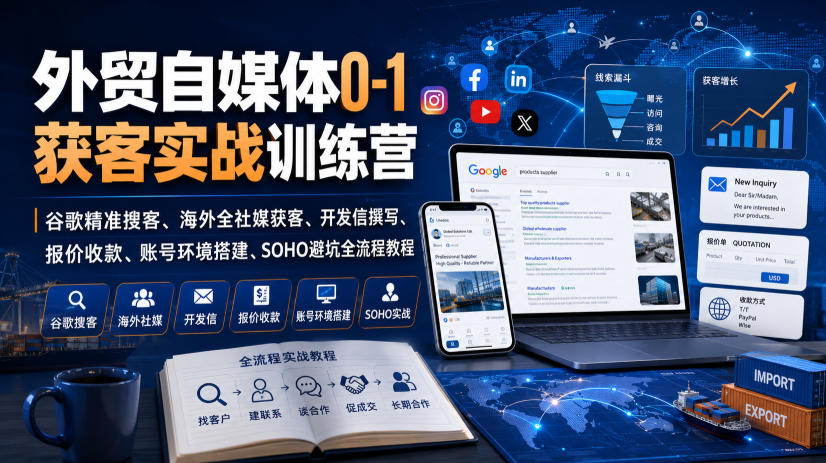 外贸自媒体0-1获客实战训练营|谷歌精准搜客、海外全社媒获客、开发信撰写、报价收款、账号环境搭建、SOHO避坑全流程教程-优创圈