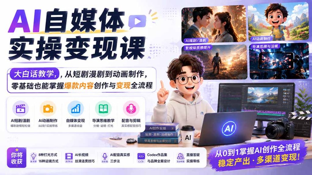 AI自媒体实操变现课|大白话教学,从短剧漫剧到动画制作,零基础也能掌握爆款内容创作与变现全流程-优创圈