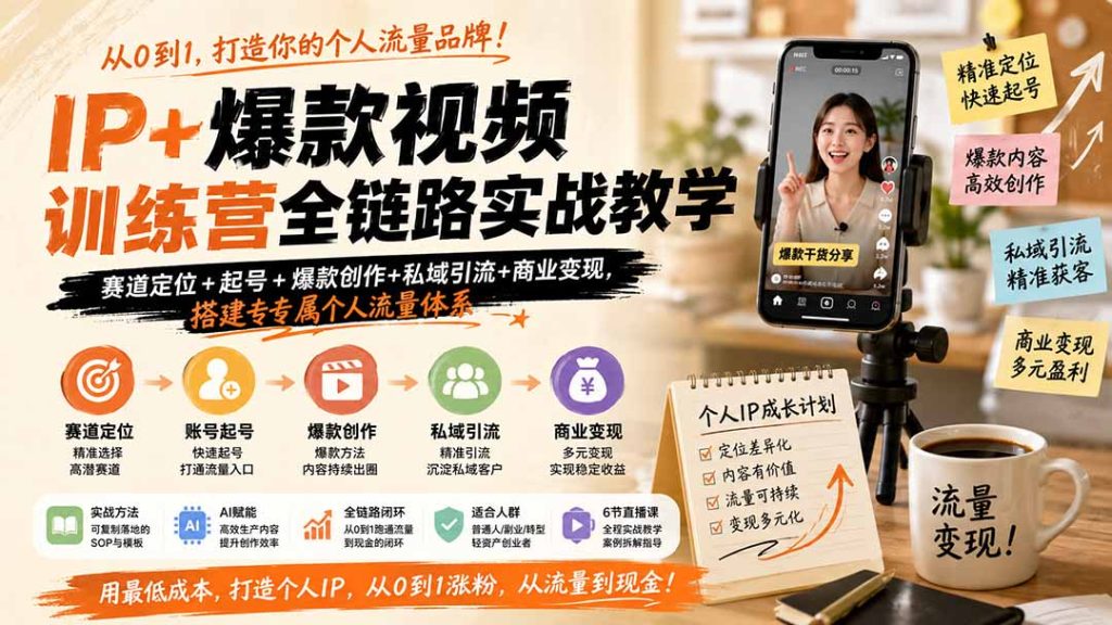 IP+爆款视频训练营全链路实战教学;赛道定位+起号+爆款创作+私域引流+商业变现,搭建专属个人流量体系-优创圈